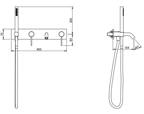 Treemme 40mm miscelatore vasca monocomando a muro con doccetta e bocca senza parte incasso inox satinato