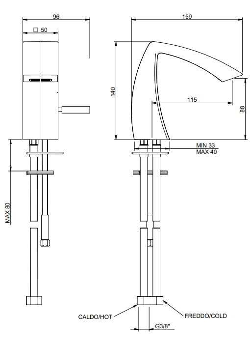 Treemme Arche IT0222CCAHZZ miscelatore bidet con leva stick Cromo Lucido, vista frontale della maniglia e della bocca di...