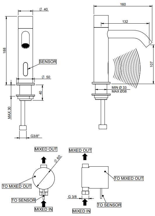 Treemme 40mm miscelatore lavabo elettronico monocomando con Acciaio visto dall'alto con scarico e interno visibili...