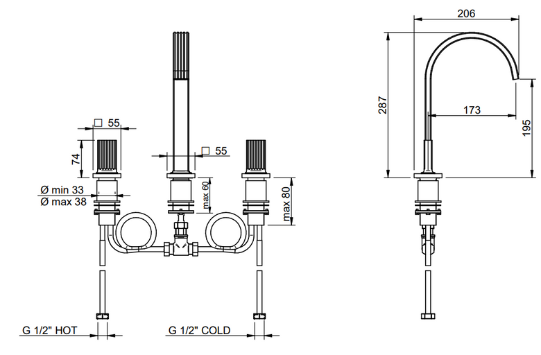 Treemme Kea IT7A16CCKOZZ batteria lavabo 195mm cromo Cromo Lucido visto dall'alto con scarico e interno visibili...