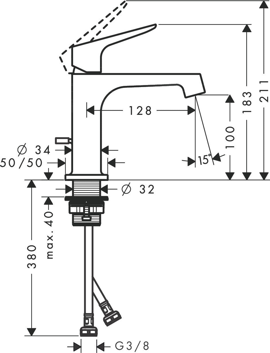 Hansgrohe Citterio M Miscelatore Lavabo 100 con salterello, vista laterale del profilo e della forma