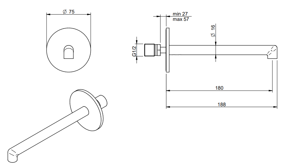 Treemme T30 IT5B63CCZZZZ bocca lavabo a muro 180mm cromo Cromo Lucido, vista laterale del profilo e della forma...