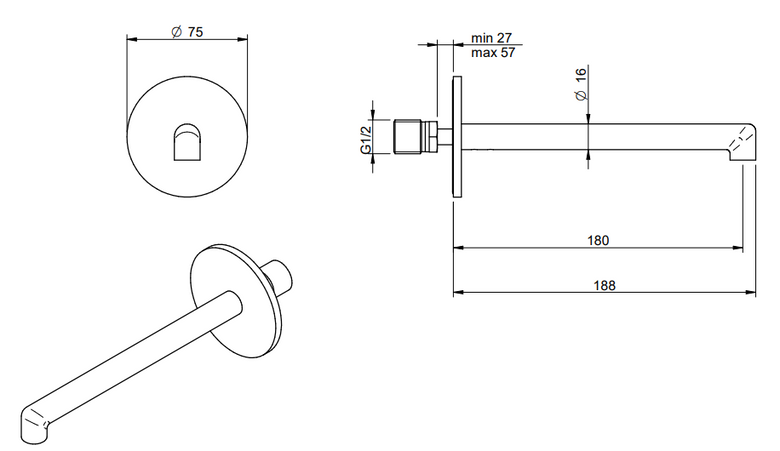 Treemme T30 IT5B63CCZZZZ bocca lavabo a muro 180mm cromo Cromo Lucido, vista laterale del profilo e della forma...