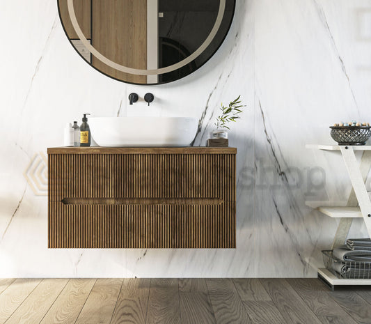 Mobile bagno noce chiaro 90x46 cannettati Urbino con ciotola da appoggio rettangolare in ceramica e due cassetti