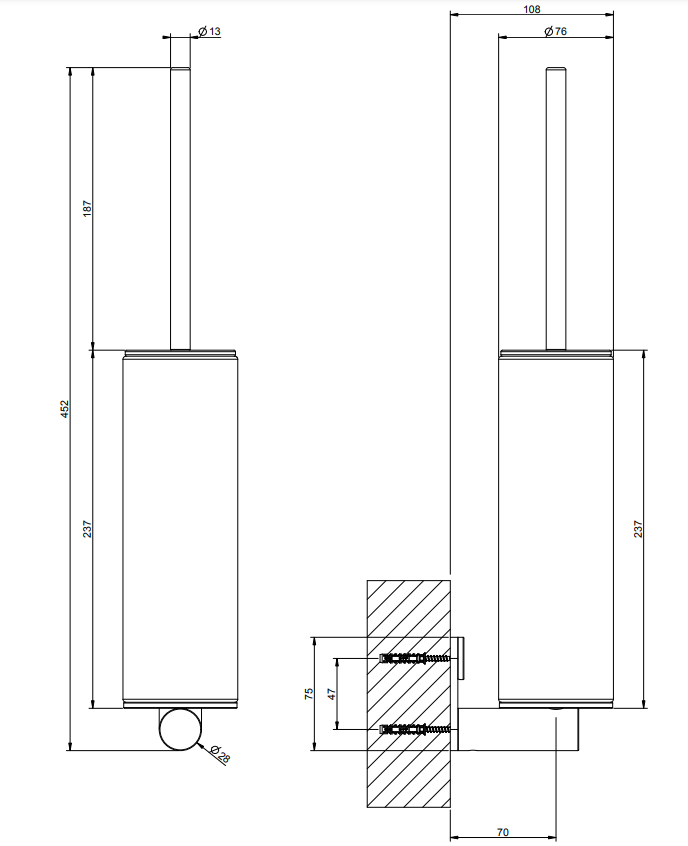 Gessi Porta scopino wc a muro nero steel brushed, dettaglio ravvicinato del materiale e dell'aggancio