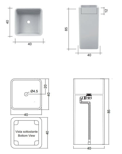 Lavabo freestanding 40x40 cm senza foro rubinetteria in ceramica bianco matt Nic Semplice