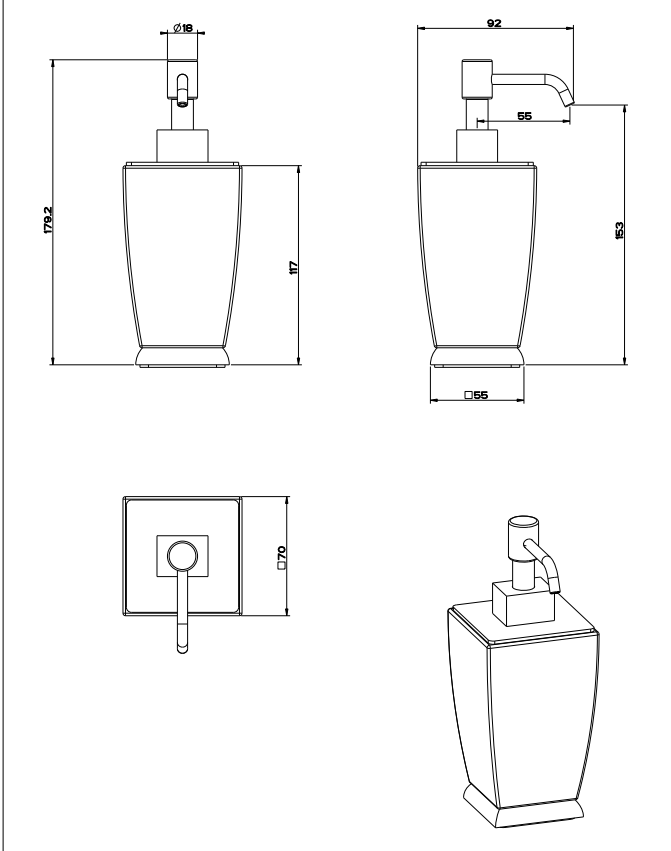 Dispenser sapone liquido da appoggio con bicchiere in, vista laterale del profilo a muro