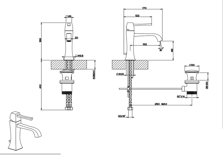 Gessi mimi Miscelatore Lavabo monocomando Oro, vista laterale del profilo e della forma