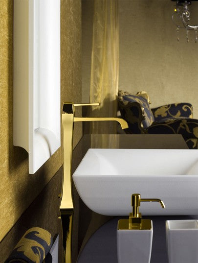 Gessi Mimi Miscelatore Lavabo monocomando Bocca Lunga Oro, vista frontale su sfondo bianco