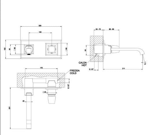 Gessi MIMI Miscelatore lavabo con Bocca 210 mm senza parte, vista laterale del profilo e della forma