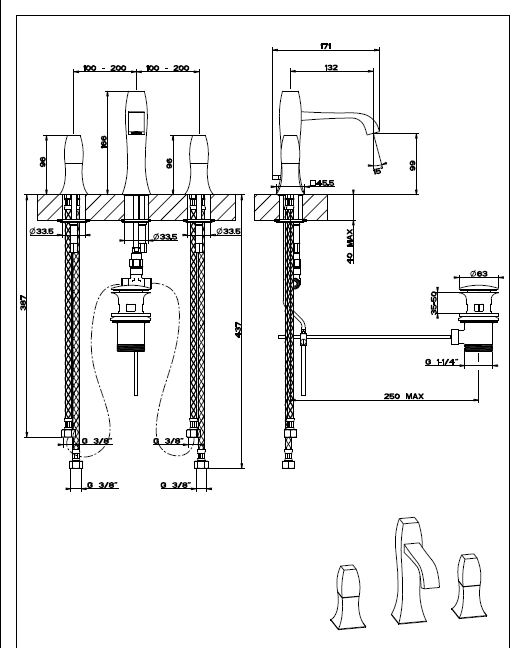 Gessi Mimi Gruppo Lavabo 3 Fori Oro, vista laterale del profilo e della forma - Gessi