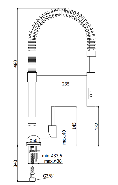 Paffoni Stick Sk179 Professional Miscelatore lavello, vista laterale della canna girevole