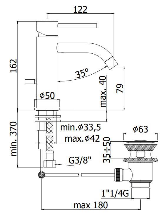 Paffoni Light Lig075 Miscelatore lavabo con scarico, vista laterale del profilo e della forma