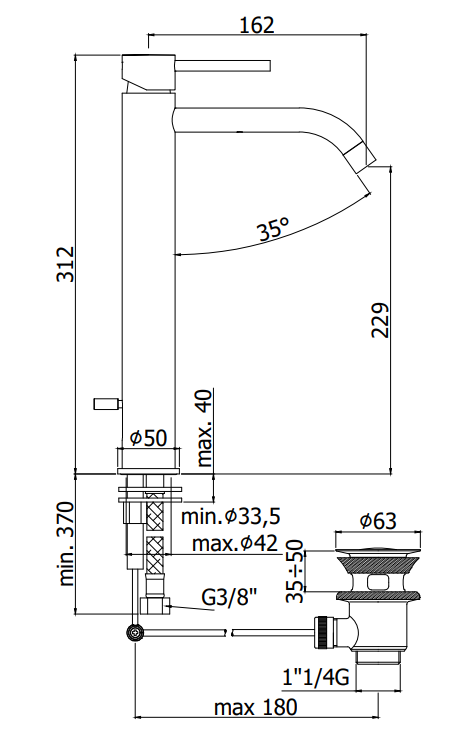 Paffoni Light Lig081 Miscelatore Lavabo alto senza scarico Cromato, vista laterale del profilo e della forma