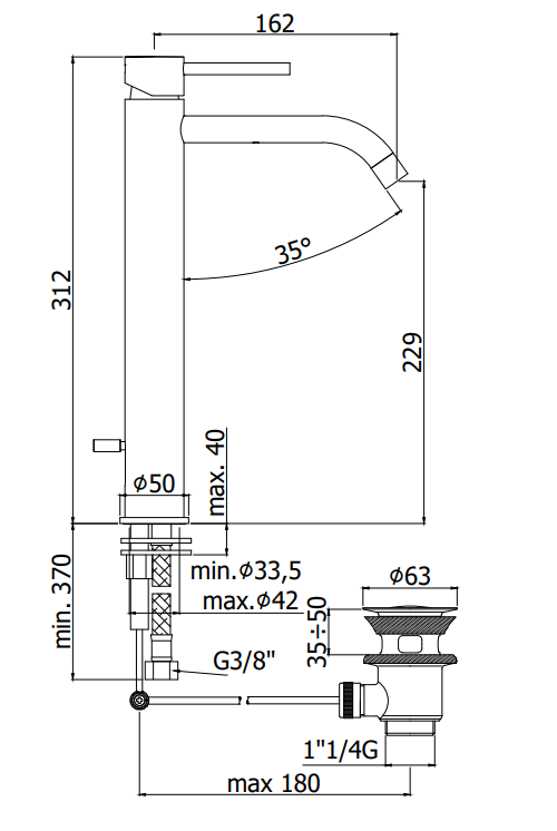 Paffoni Light Lig085 Miscelatore Lavabo Alto Prolungato, vista laterale del profilo e della forma