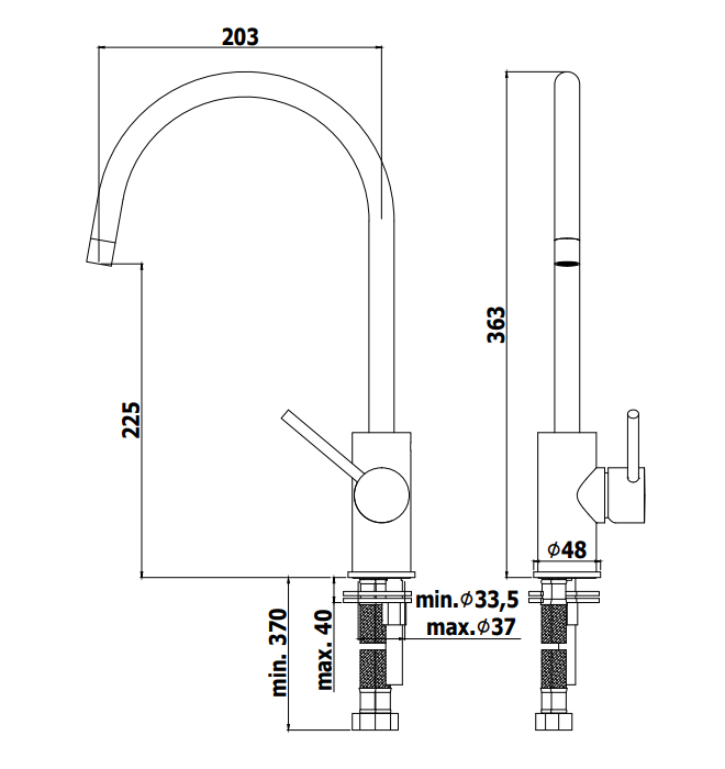 Paffoni Light Lig180 Miscelatore lavello monoforo con canna, vista laterale della canna girevole