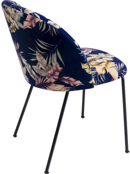 Cecil Flower sedia da arredo con gambe in acciaio nero e tessuto motivo floreale blu notte