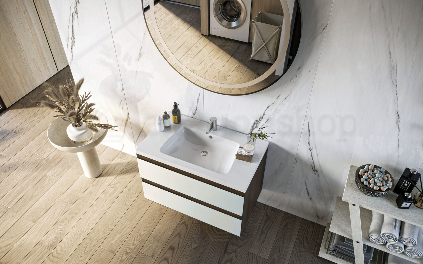 Mobile bagno 80x46 wenge bianco lucido Milo lavabo lucido Noce Scuro con lavabo e rubinetteria, vista frontale su sfondo...