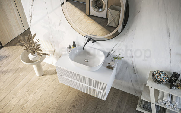 Mobile bagno bianco opaco 70x46 cannettati Urbino con ciotola da appoggio quadra in ceramica e due cassetti