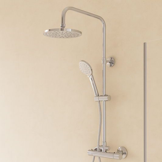 Colonna Doccia Termostatica tonda Regolabile in altezza con deviatore Soffione 20 cm Doccetta e flessibile 150 cm Ottone Cromo