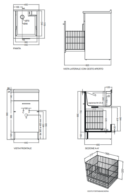 Colavene Jollywash mobile lavatoio 45x50 con cestello estraibile e tavola lavapanni double face bianco lucido