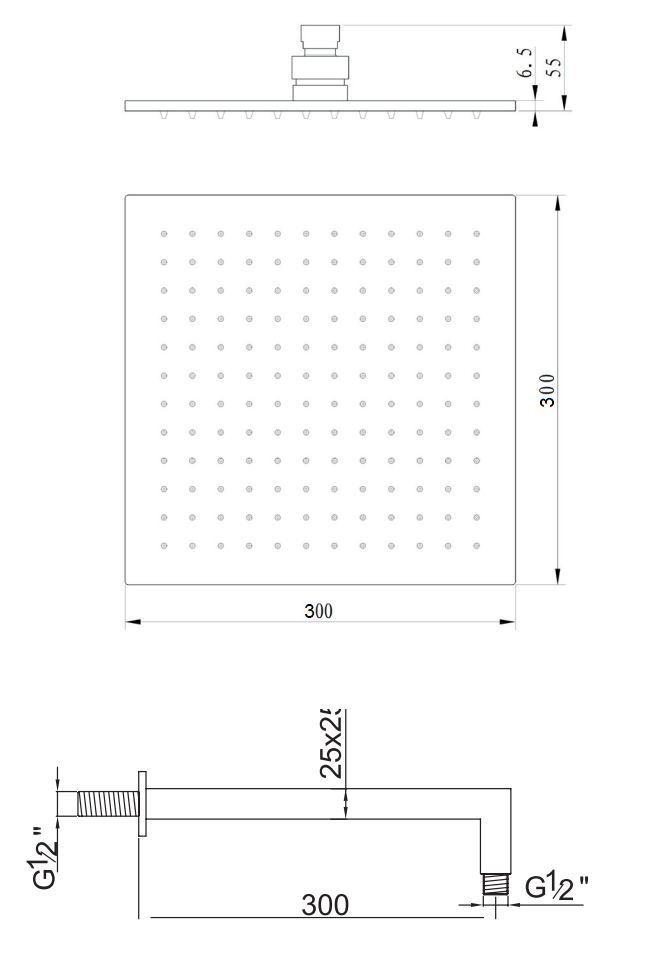 Disegno tecnico con quote di Soffione Doccia 30x30 Quadro con braccio Cromo - Exagonshop