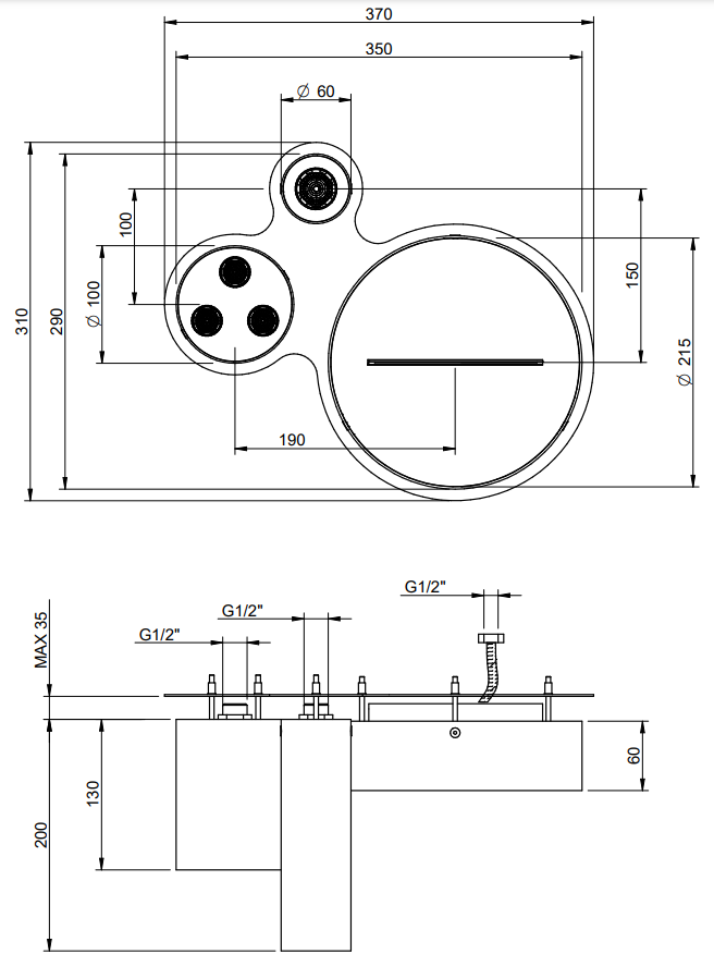 Disegno tecnico con quote di Treemme Watertube ITRTBR409IS soffione doccia a soffitto 3 Acciaio - Rubinetterie Treemme