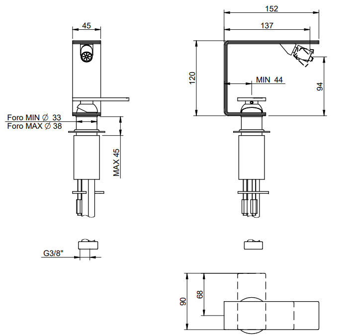 Treemme 5mm miscelatore bidet slim in acciaio inox satinato, vista laterale del profilo - Rubinetterie Treemme