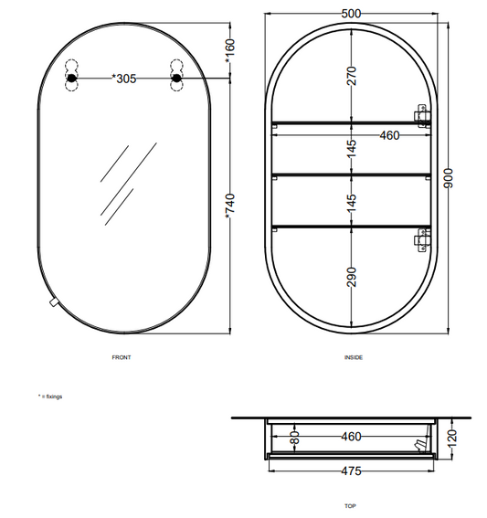 Cielo I Catini specchio contenitore 50x90 ovale con mensole in vetro e struttura in legno nero matt