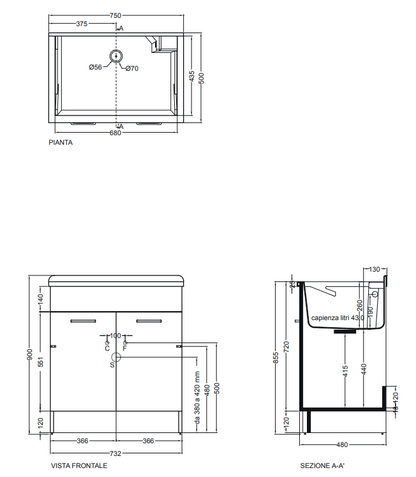 Colavene Lindo Max mobile lavatoio 75x50 senza cesto portabiancheria tavola in legno e vasca in abs bianco