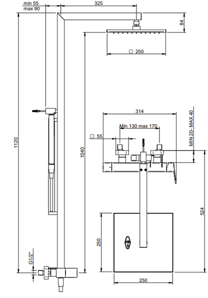 Treemme Pa36 colonna doccia con miscelatore soffione 25x25 anticalcare e doccetta cromo