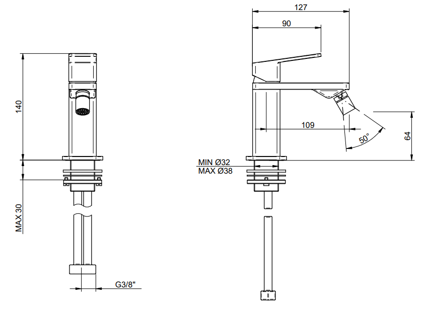Disegno tecnico con quote di Treemme Pa36 Miscelatore monocomando bidet cromo Cromo Lucido - Rubinetterie Treemme