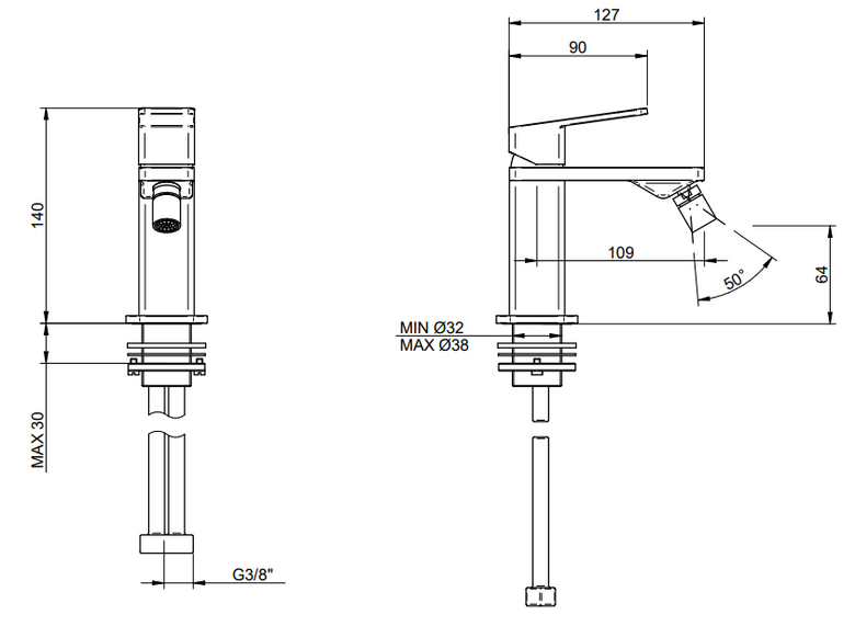 Disegno tecnico con quote di Treemme Pa36 Miscelatore monocomando bidet cromo Cromo Lucido - Rubinetterie Treemme