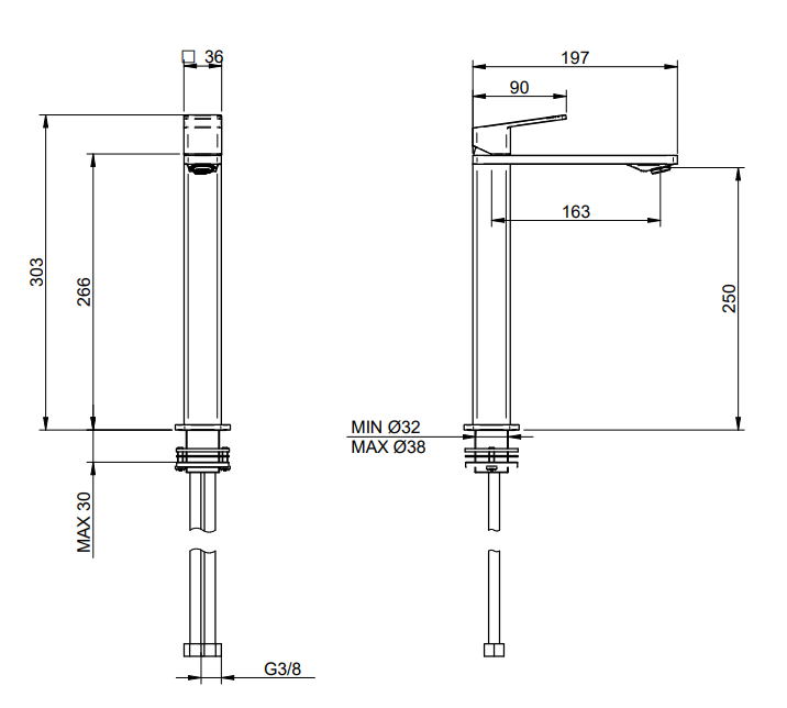 Treemme Pa36 Miscelatore monocomando lavabo 250 mm cromo Cromo Lucido, vista laterale del profilo e della forma...