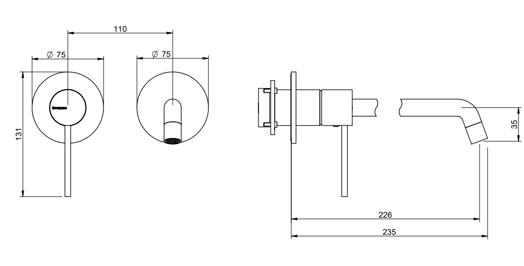 Treemme Up+ miscelatore lavabo 226mm senza parte incasso Cromo Lucido, vista laterale del profilo e della forma...
