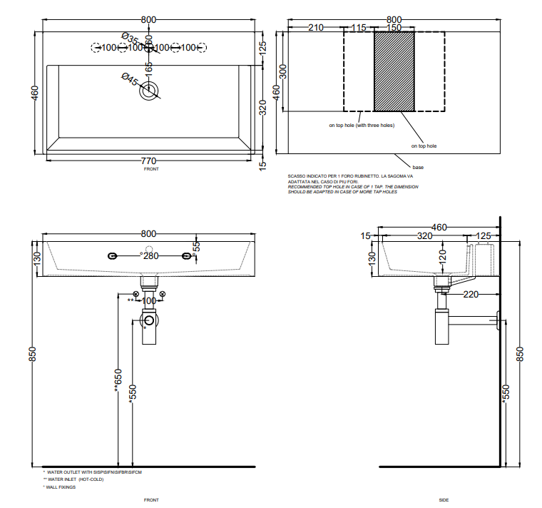 Cielo Smile lavabo 80x46 monoforo rettangolare sospeso o da, vista frontale su sfondo bianco