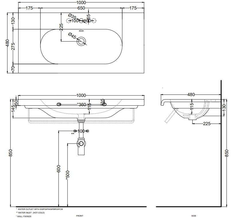 Cielo Fluid Lavabo 100x48 Sospeso Monoforo Con Troppopieno, vista frontale su sfondo bianco