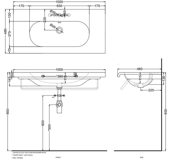 Cielo Fluid Lavabo 100x48 Sospeso Monoforo Con Troppopieno Bianco Lucido
