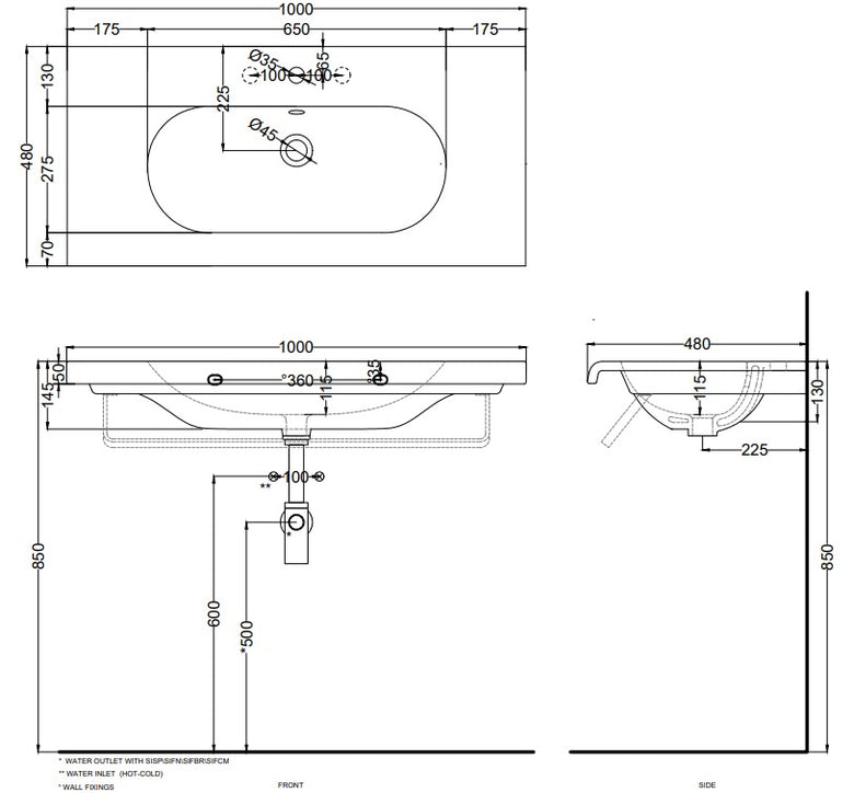 Cielo Fluid Lavabo 100x48 Sospeso Monoforo Con Troppopieno, vista frontale su sfondo bianco