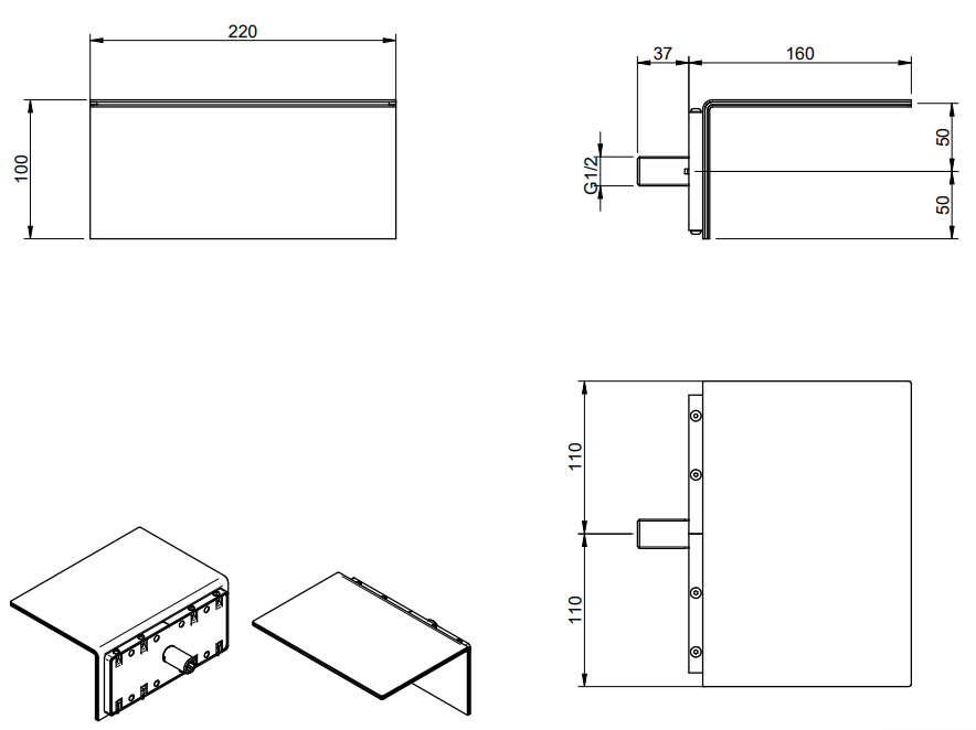 Disegno tecnico con quote di Treemme 3.6 cascata doccia 22 cm a parete inox satinato Acciaio - Rubinetterie Treemme