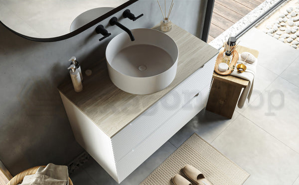 Mobile bagno bianco opaco 100x45 Mango due cassetti soft close con top quercia e lavabo tondo da appoggio in ceramica lucida