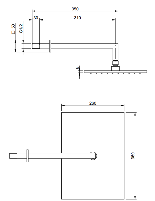 Disegno tecnico con quote di Treemme Arche IT6566CCZZZZ soffione 26x36 a parete Cromo Lucido - Rubinetterie Treemme