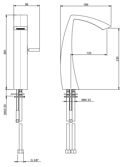 Treemme Arche IT0218CCAHZZ miscelatore lavabo alto 230 mm Cromo Lucido visto dall'alto con scarico e interno visibili...