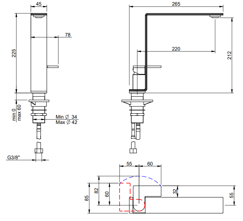 Disegno tecnico con quote di Treemme 5mm IT2834IS5BZZ miscelatore lavello monocomando Acciaio - Rubinetterie Treemme