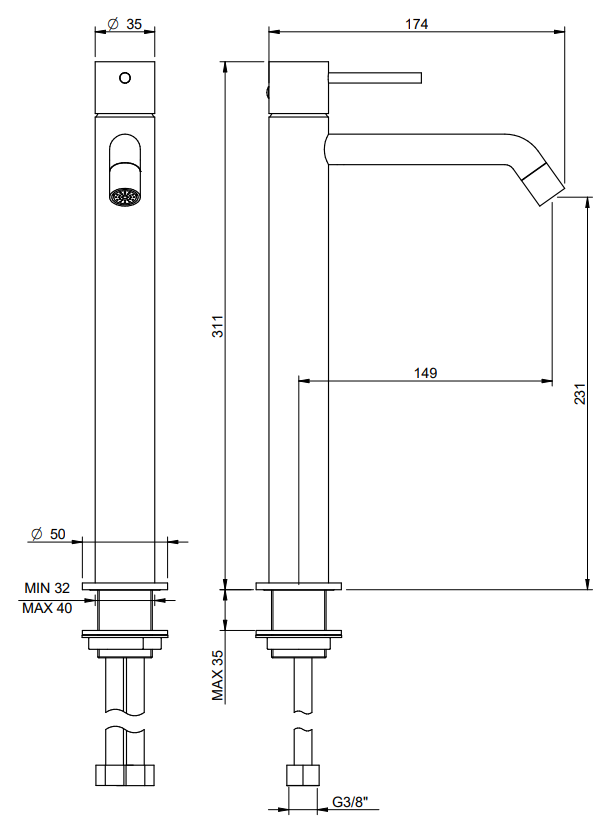 Treemme Up+ IT6B18CCUPZZ miscelatore lavabo alto 231 mm Cromo Lucido, vista laterale del profilo e della forma...
