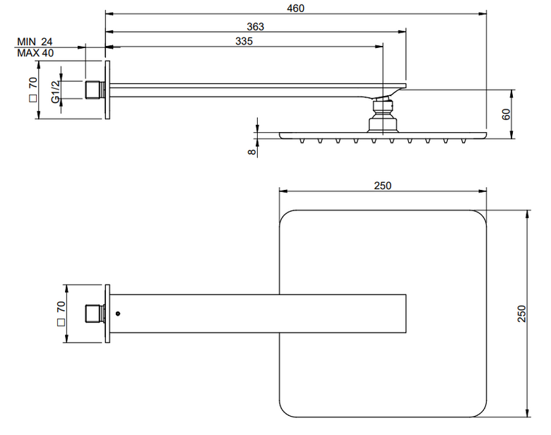Treemme Ran RWIT2247CC01 soffione 25x25 a parete Cromo Lucido, vista laterale del profilo - Rubinetterie Treemme