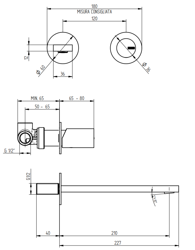 Bellosta Ludo Miscelatore Lavabo Da Parete Bocca 210 Mm, vista laterale del profilo e della forma - Bellosta Rubinetterie