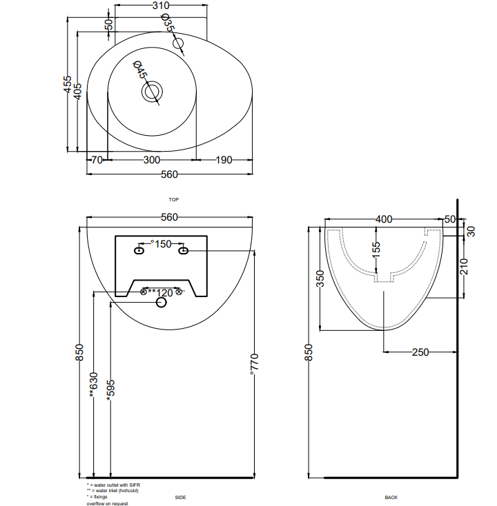 Cielo Le Giare lavabo sospeso 56x45 senza troppopieno in, vista frontale su sfondo bianco