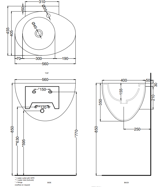 Cielo Le Giare lavabo 56x45 sospeso con troppopieno in, vista frontale su sfondo bianco