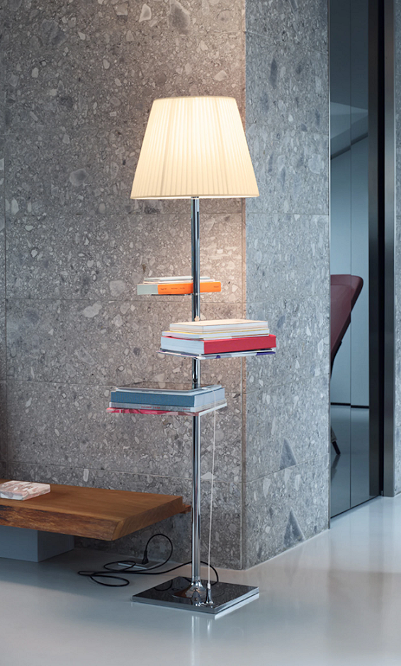 Flos Bibliotheque Nationale Lampada portaoggetti a spenta, dettaglio del corpo lampada e dei materiali
